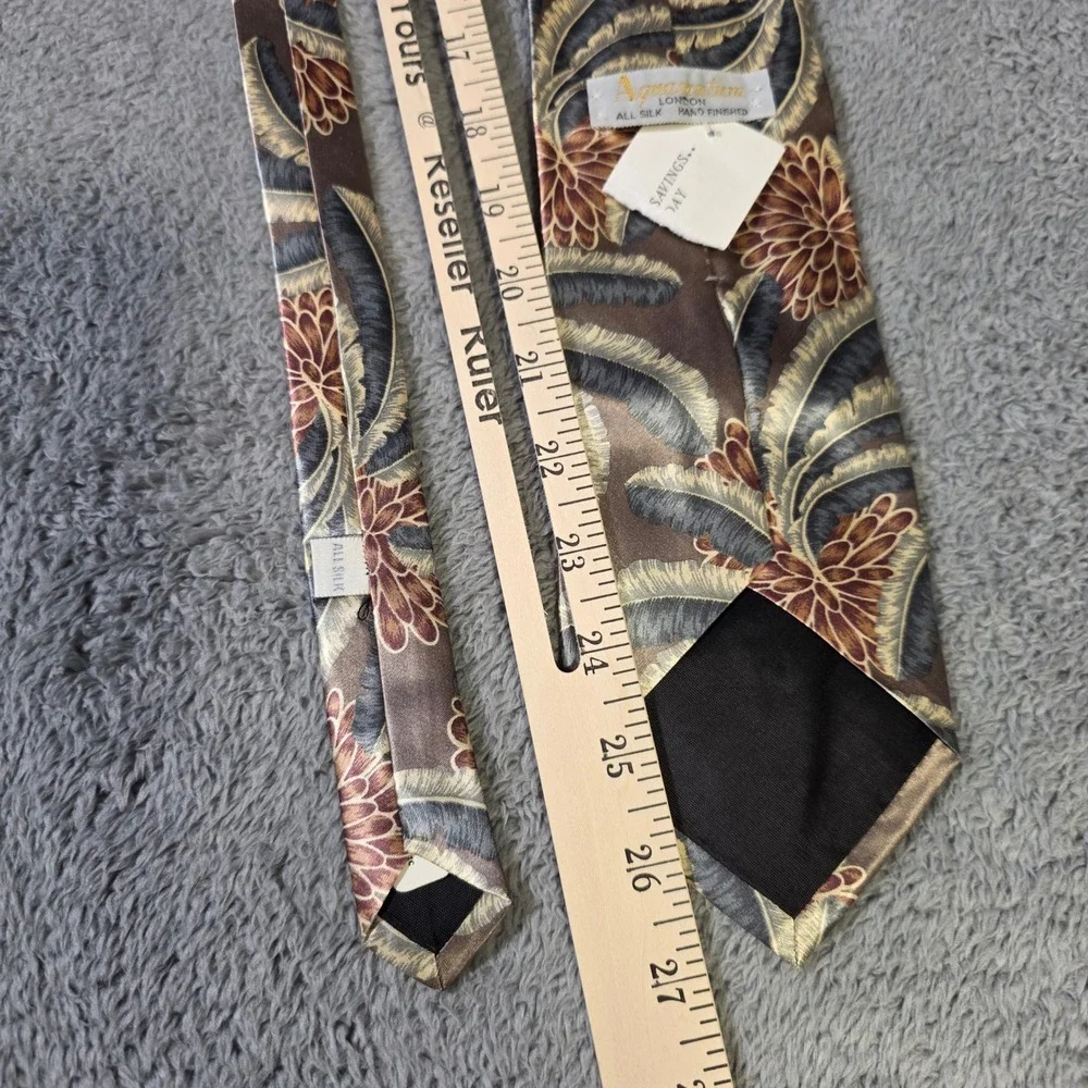 Aquascutum Mens OS Necktie Brown‎ Gold Botanical Silk Hand Finished London Tie